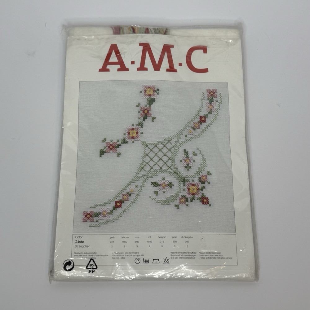 Vintage AMC Germany Embroidery Kit Floral Tablecloth 31" x‎ 31" Brand New Sealed